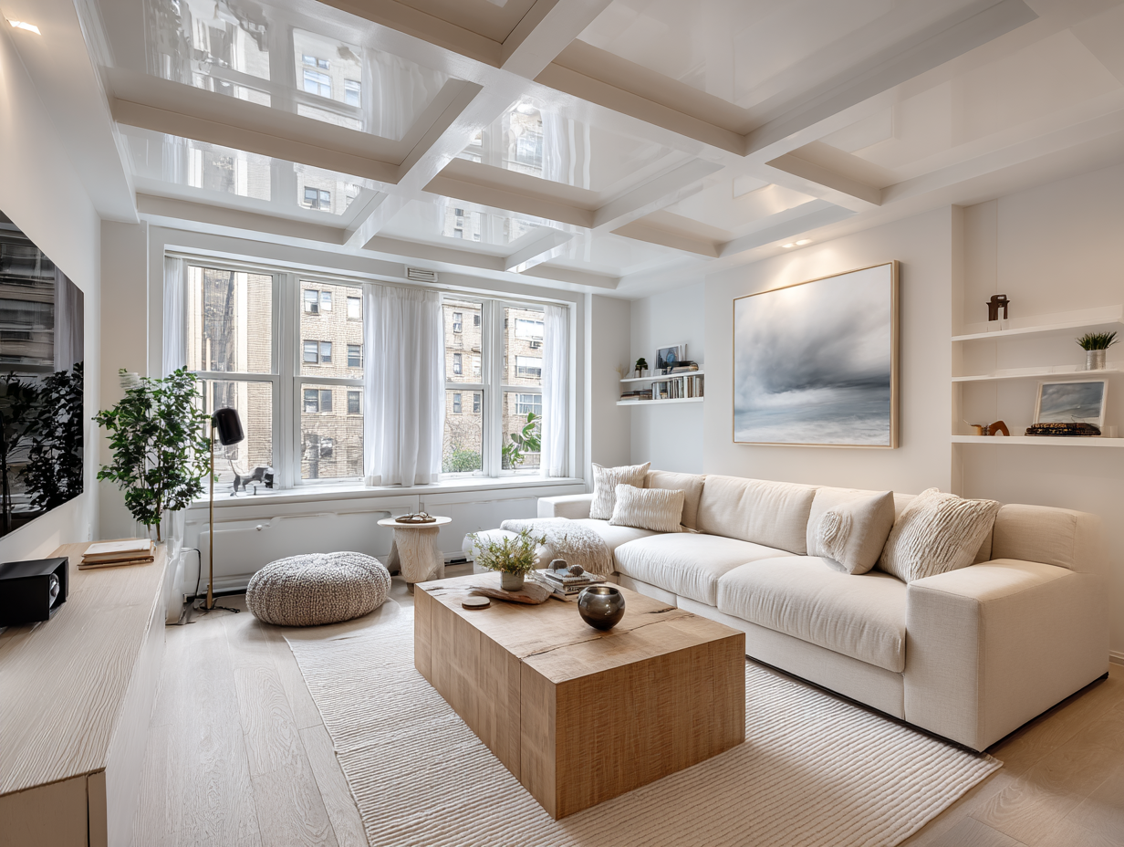 Modern NYC living room with soundproofed coffered ceiling and city views through windows